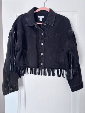 Forever 21+ Black Denim Cropped Fringe Jacket Plus Size 2X Western